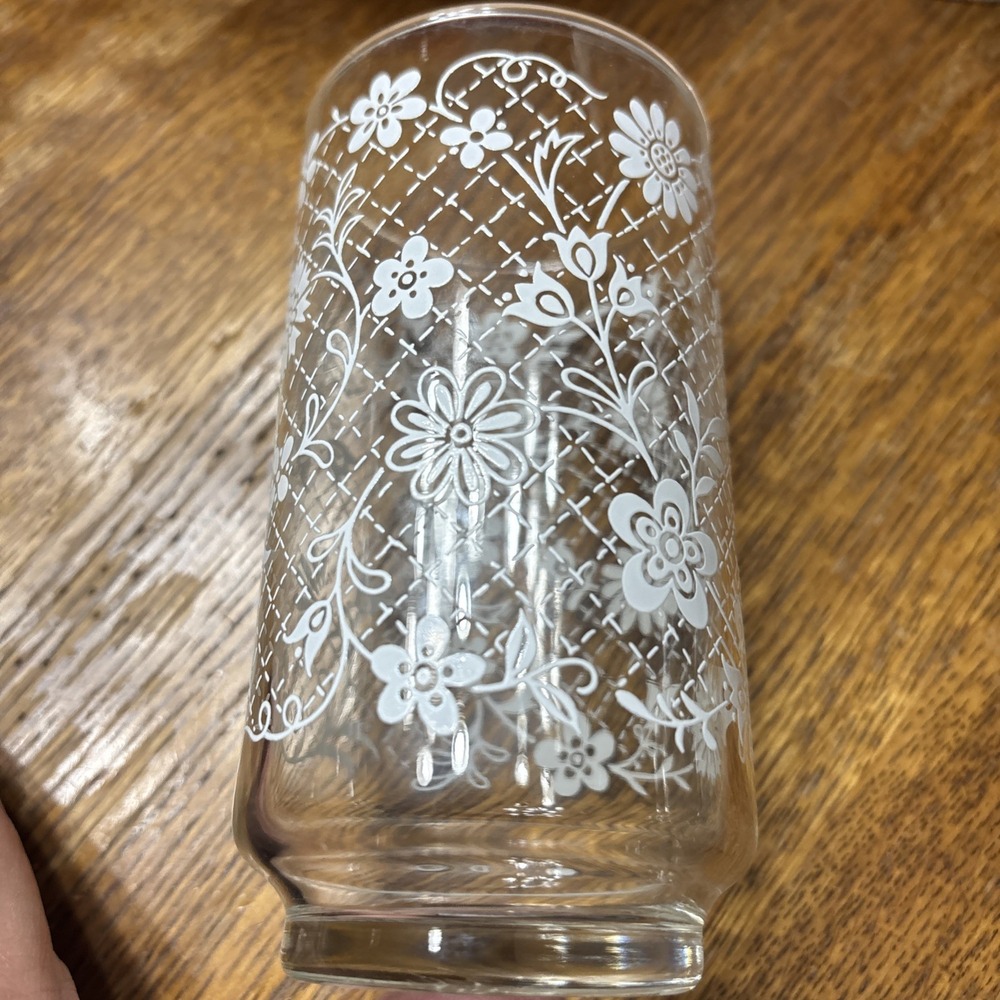 Libbey Drinking Glasses  Tumbler 11 oz. VTG 1950s Lattice White Flowers